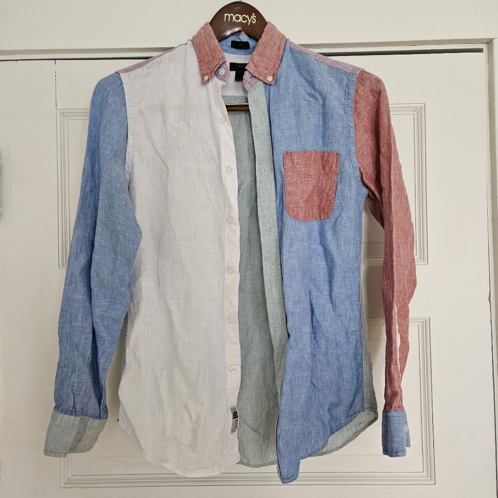 JCrew men's linen button down shirt multicolor patchwork size small